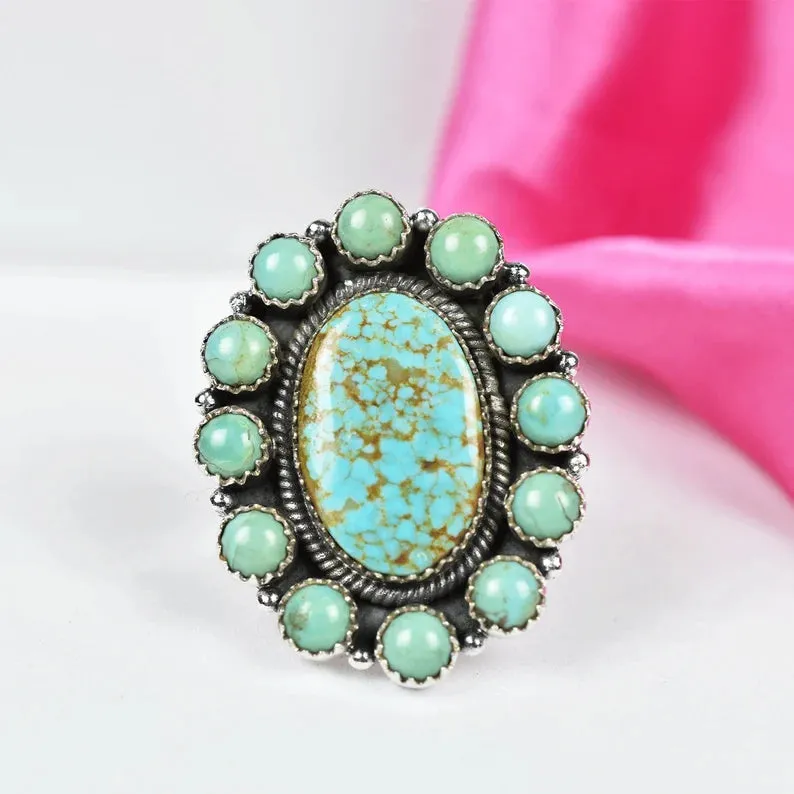 Native American Turquoise Cluster Rings - 925 Sterling Silver Handmade Vintage Rings