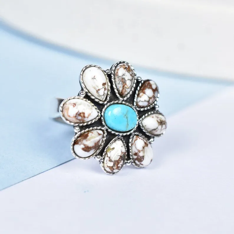 Native American Wild Horse And Turquoise Cluster Rings - 925 Sterling Silver Handmade Vintage Rings