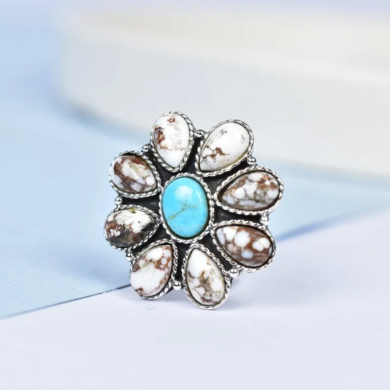 Native American Wild Horse And Turquoise Cluster Rings - 925 Sterling Silver Handmade Vintage Rings