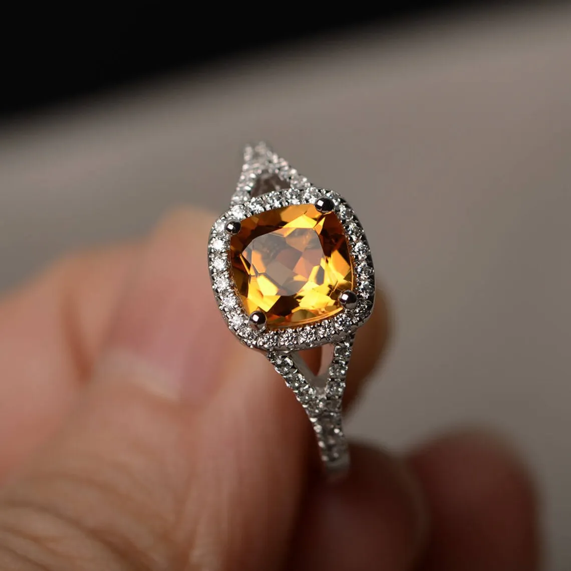 Natural Cushion Cut Citrine Engagement  925 Solid Sterling Silver Rings