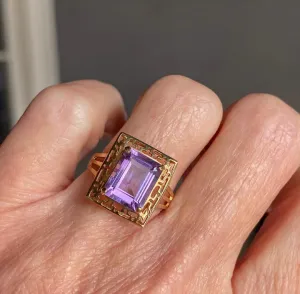 Natural Emerald Cut Amethyst Key Pattern Vintage Gold Vermeil Rings