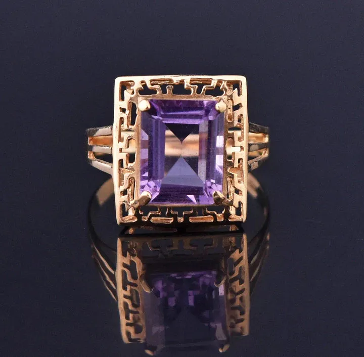 Natural Emerald Cut Amethyst Key Pattern Vintage Gold Vermeil Rings