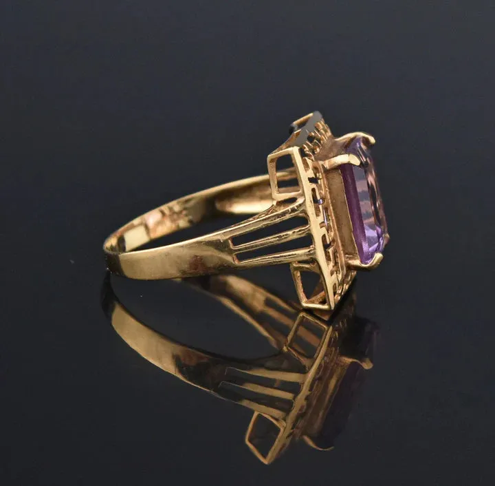 Natural Emerald Cut Amethyst Key Pattern Vintage Gold Vermeil Rings