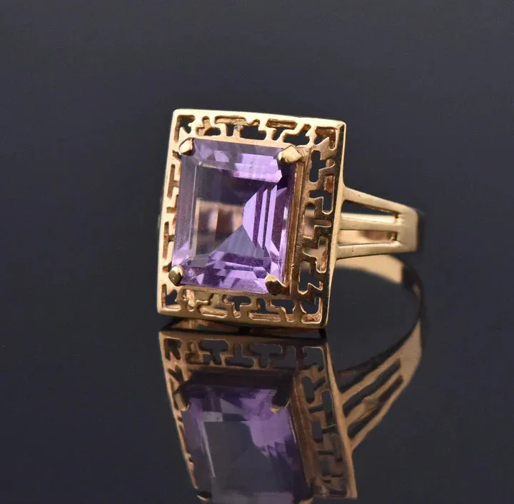 Natural Emerald Cut Amethyst Key Pattern Vintage Gold Vermeil Rings