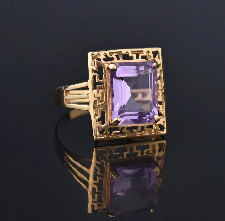 Natural Emerald Cut Amethyst Key Pattern Vintage Gold Vermeil Rings