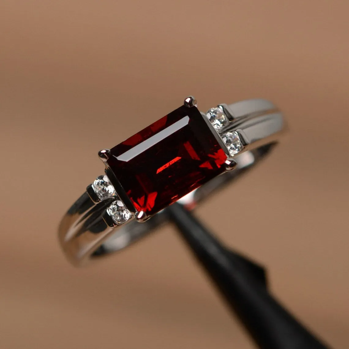 Natural Emerald Cut Garnet Statement Ring - 925 Sterling Silver Ring