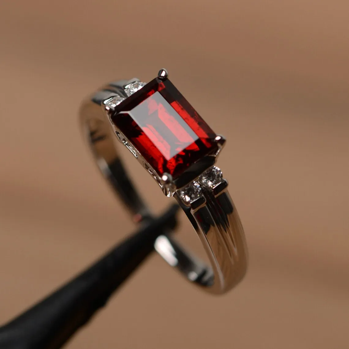 Natural Emerald Cut Garnet Statement Ring - 925 Sterling Silver Ring