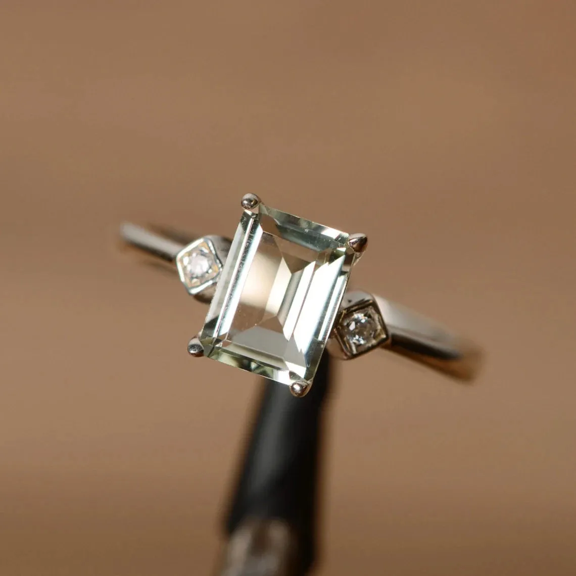 Natural Emerald Cut Green Amethyst Promise Solitaire Ring - 925 Sterling Silver Ring