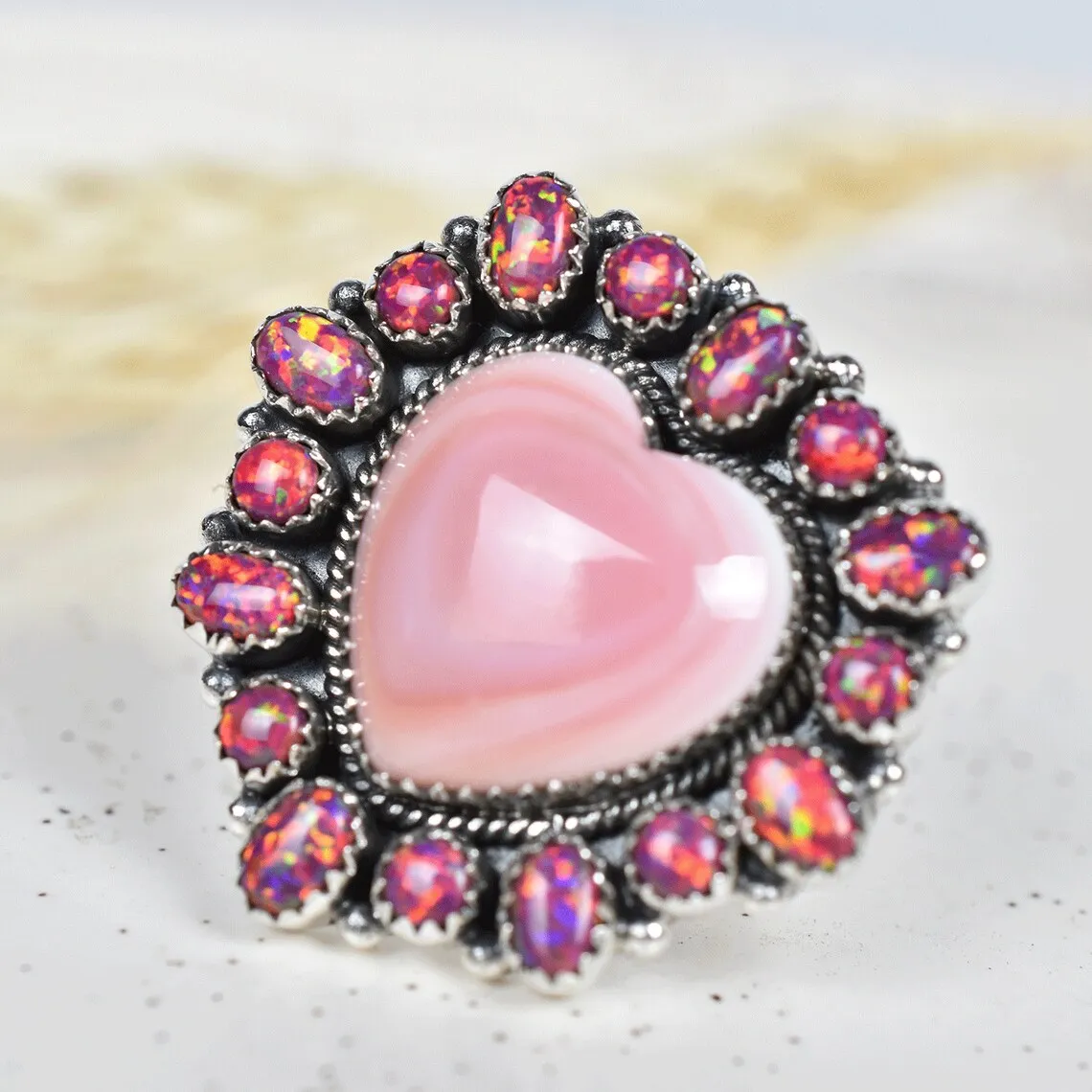 Natural Heart Cut Pink Conch Shell & Sparkling Opal Cluster Ring - 925 Sterling Silver Native American Rings