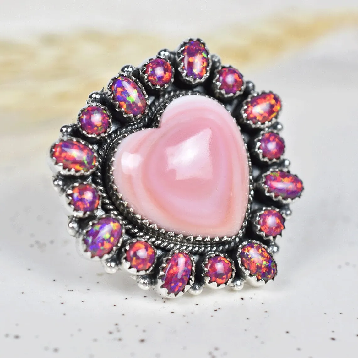 Natural Heart Cut Pink Conch Shell & Sparkling Opal Cluster Ring - 925 Sterling Silver Native American Rings