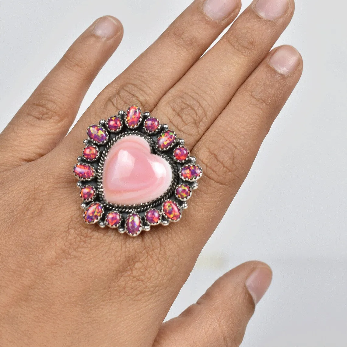 Natural Heart Cut Pink Conch Shell & Sparkling Opal Cluster Ring - 925 Sterling Silver Native American Rings