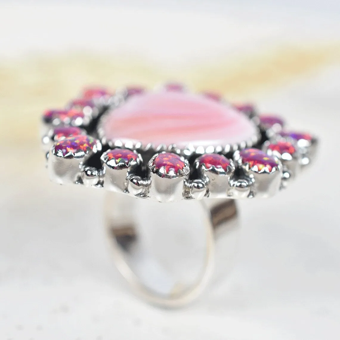 Natural Heart Cut Pink Conch Shell & Sparkling Opal Cluster Ring - 925 Sterling Silver Native American Rings