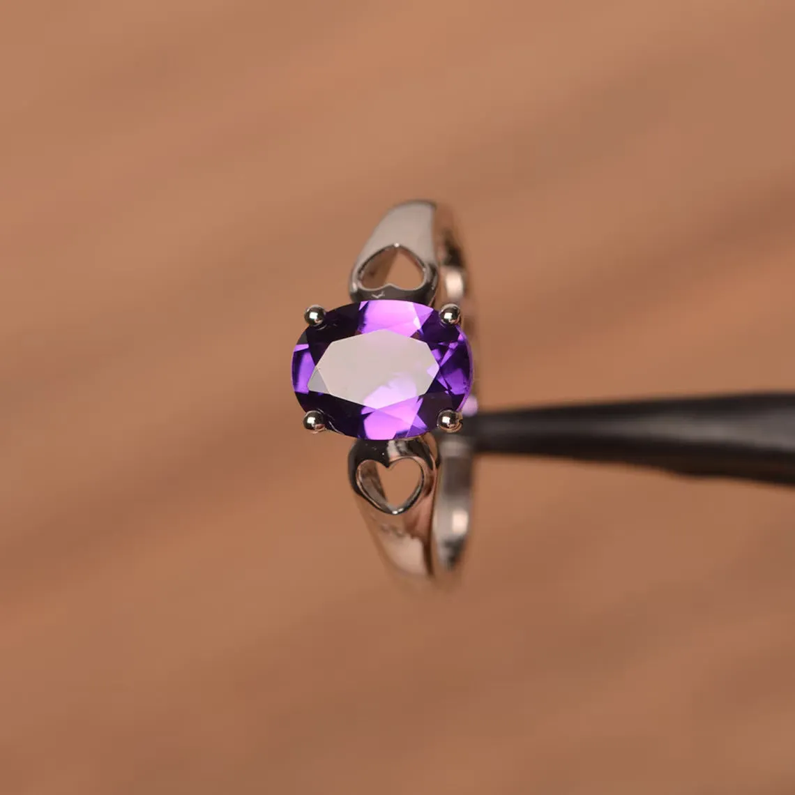 Natural Oval Cut Amethyst Solitaire Statement Rings For Women - 925 Sterling Silver Ring