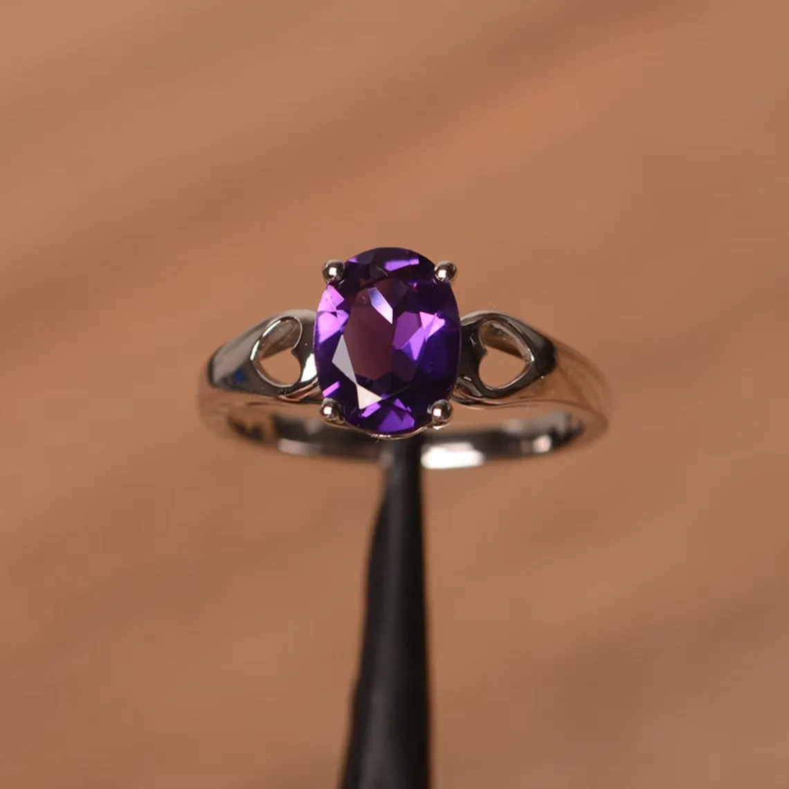 Natural Oval Cut Amethyst Solitaire Statement Rings For Women - 925 Sterling Silver Ring