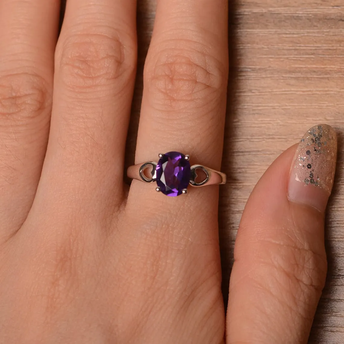 Natural Oval Cut Amethyst Solitaire Statement Rings For Women - 925 Sterling Silver Ring