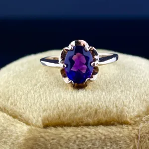 Natural Oval Cut Amethyst Solitaire Vintage Engagement Ring - 14k Gold Vermeil Ring