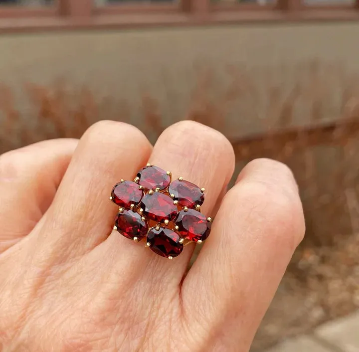 Natural Oval Cut Garnet Cluster Engagement Ring  - 14k Gold Vermeil