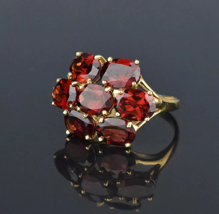 Natural Oval Cut Garnet Cluster Engagement Ring  - 14k Gold Vermeil