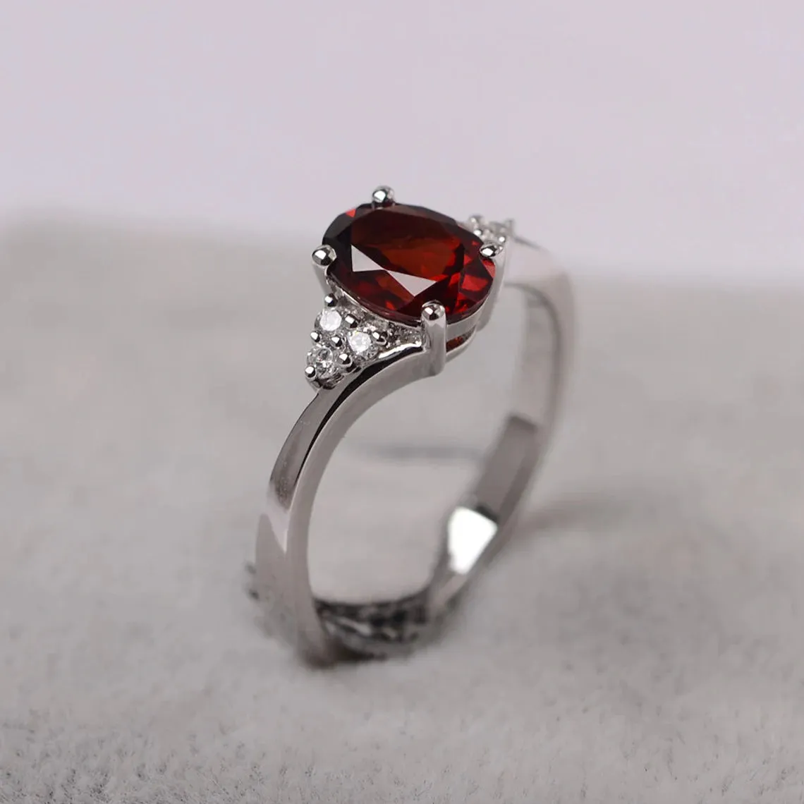 Natural Oval Cut Garnet Solitaire Ring  - 925 Sterling Silver Ring