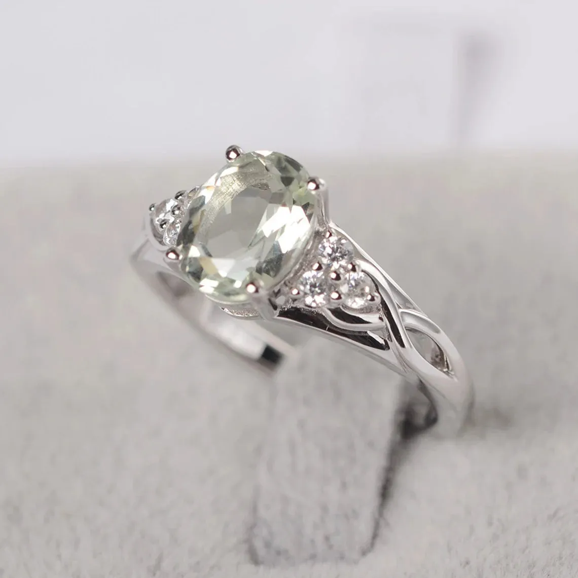 Natural Oval Cut Green Amethyst Wedding Ring - 925 Sterling Silver Ring