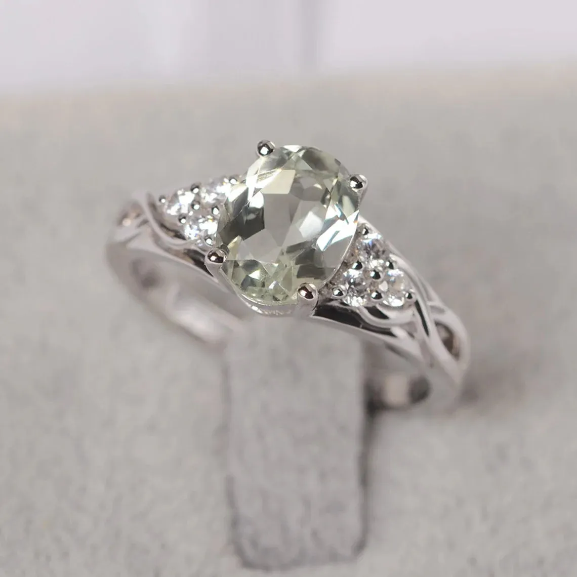 Natural Oval Cut Green Amethyst Wedding Ring - 925 Sterling Silver Ring