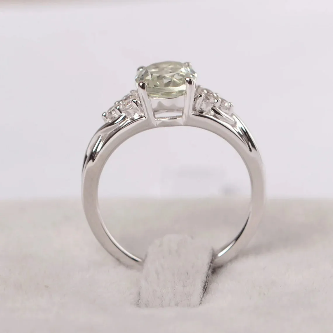 Natural Oval Cut Green Amethyst Wedding Ring - 925 Sterling Silver Ring