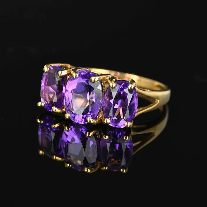 Natural Oval Cut Three Stone Amethyst Half Eternity Vintage Rings - 14k Gold Vermeil Ring