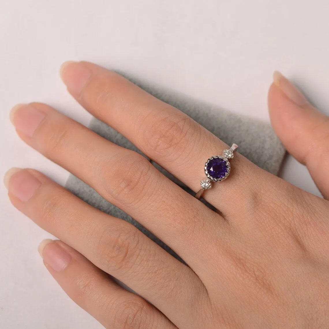 Natural Round Cut Amethyst Three Stone Promise Ring - 925 Sterling Silver Ring