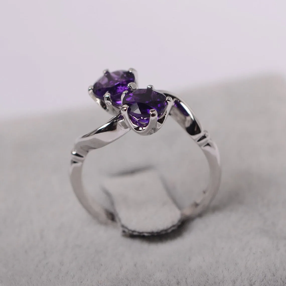 Natural Round Cut Amethyst Two Stone Engagement Ring - 925 Sterling Silver Ring