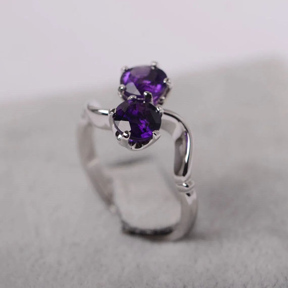 Natural Round Cut Amethyst Two Stone Engagement Ring - 925 Sterling Silver Ring