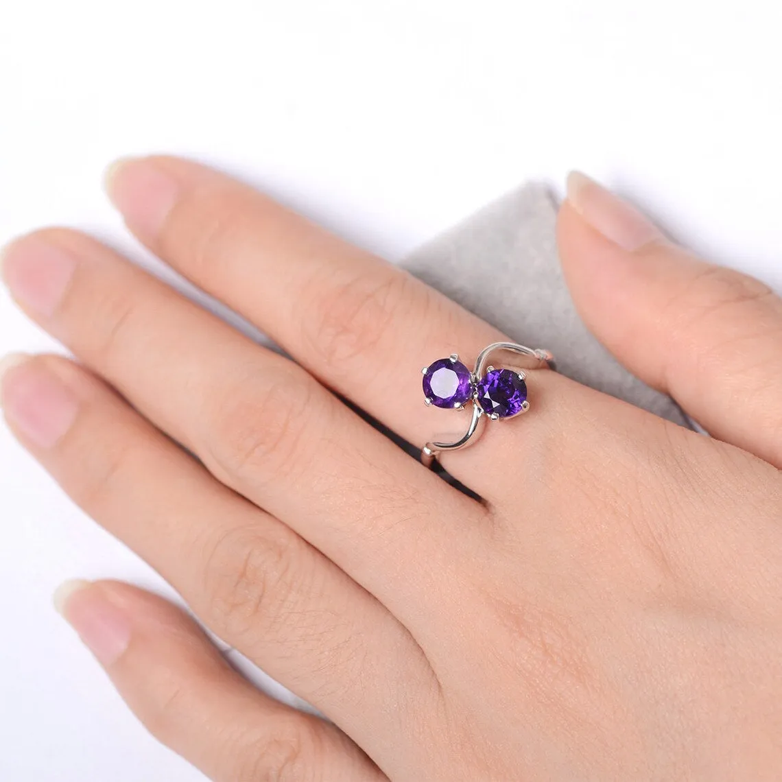 Natural Round Cut Amethyst Two Stone Engagement Ring - 925 Sterling Silver Ring