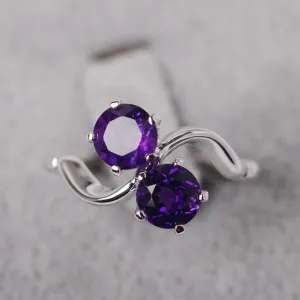 Natural Round Cut Amethyst Two Stone Engagement Ring - 925 Sterling Silver Ring