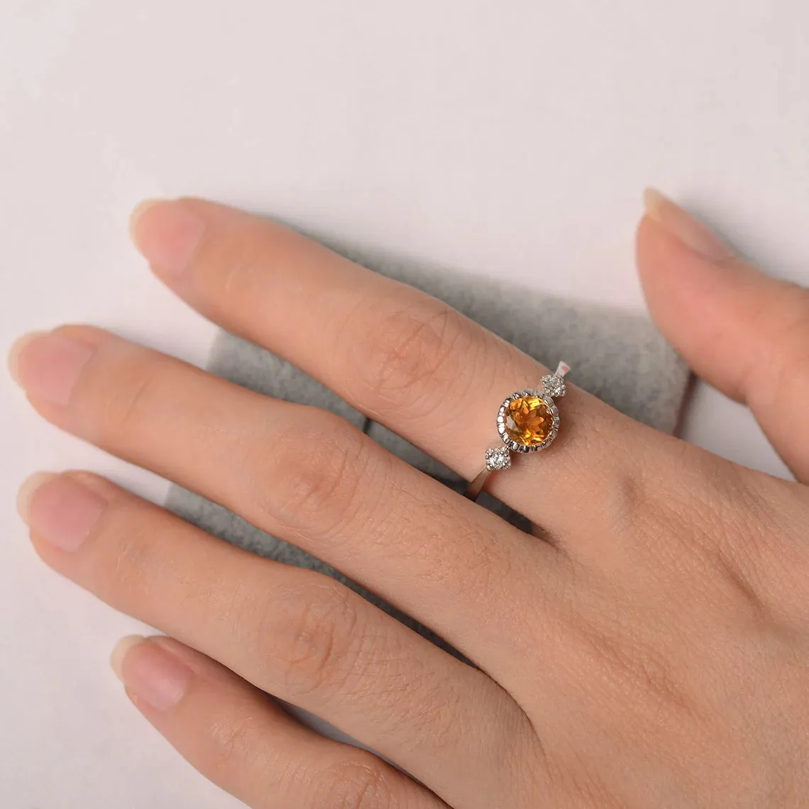 Natural Round Cut Citrine Three Stone Ring - 925 Sterling Silver Ring