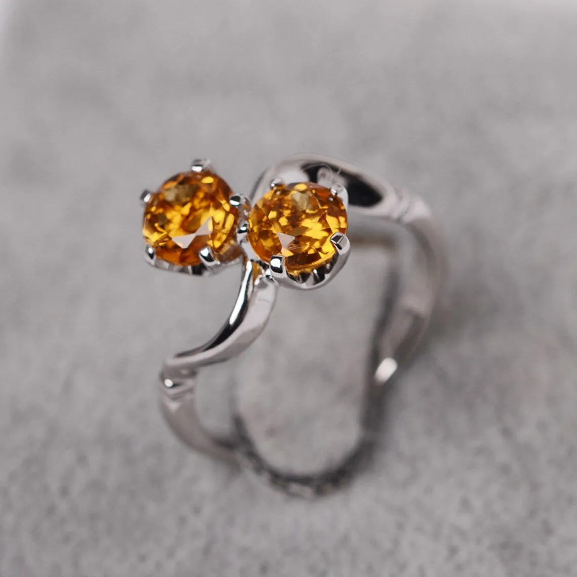 Natural Round Cut Citrine Two Stone Engagement Ring - 925 Sterling Silver Ring