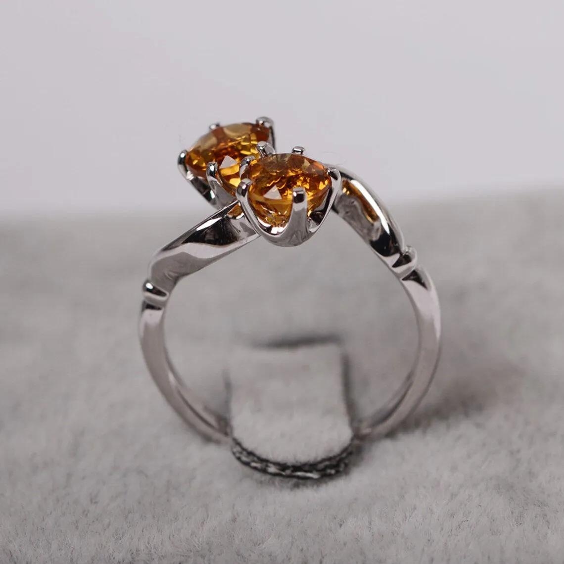 Natural Round Cut Citrine Two Stone Engagement Ring - 925 Sterling Silver Ring