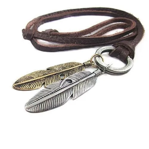 New Stylish Trendy Punk Rock Cool Mens Womens Unisex Charms Choker 2 Wings Feather Pendant Leather Necklace For Party