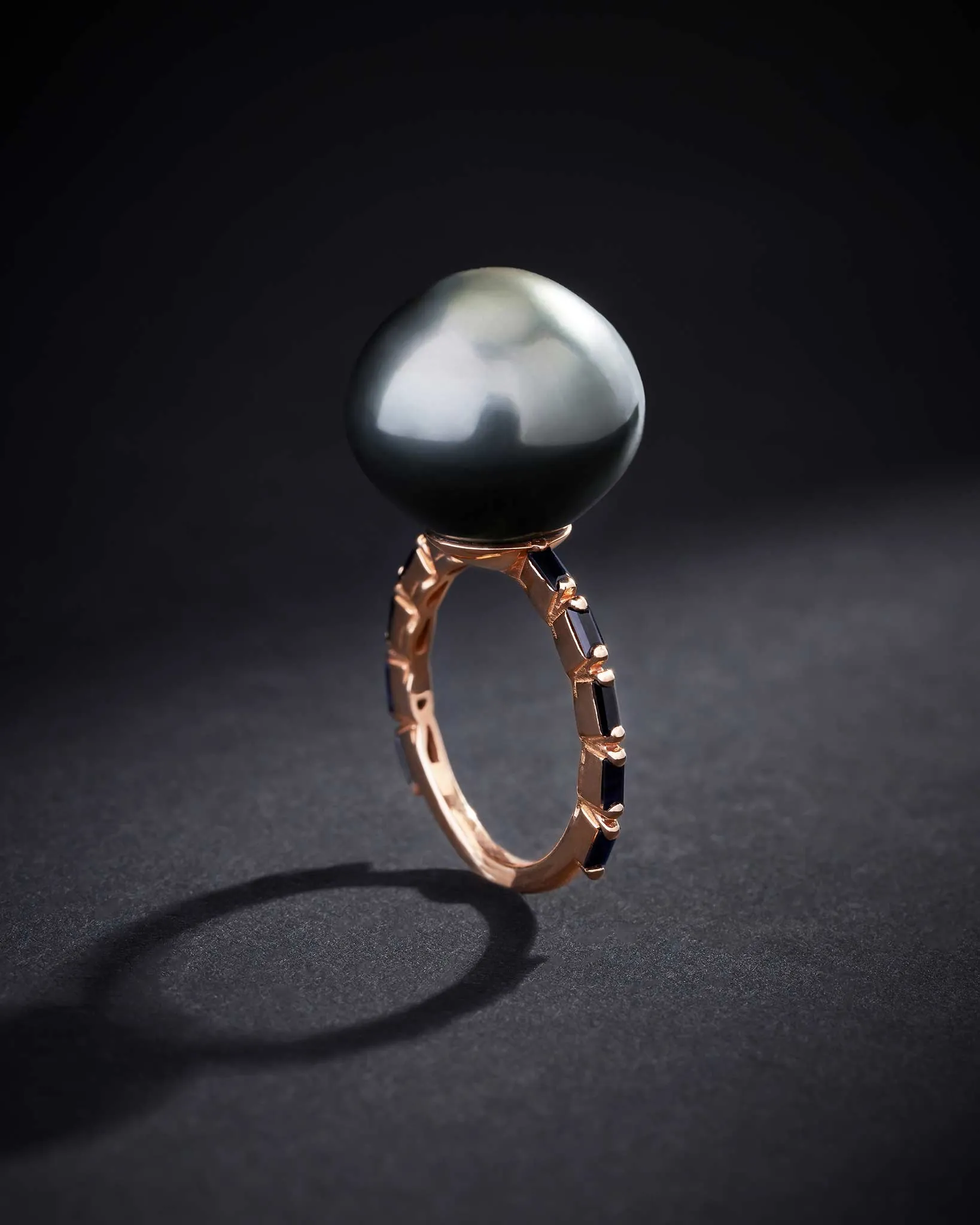 One of a Kind Tahitian Pearl Ring with Black Sapphires