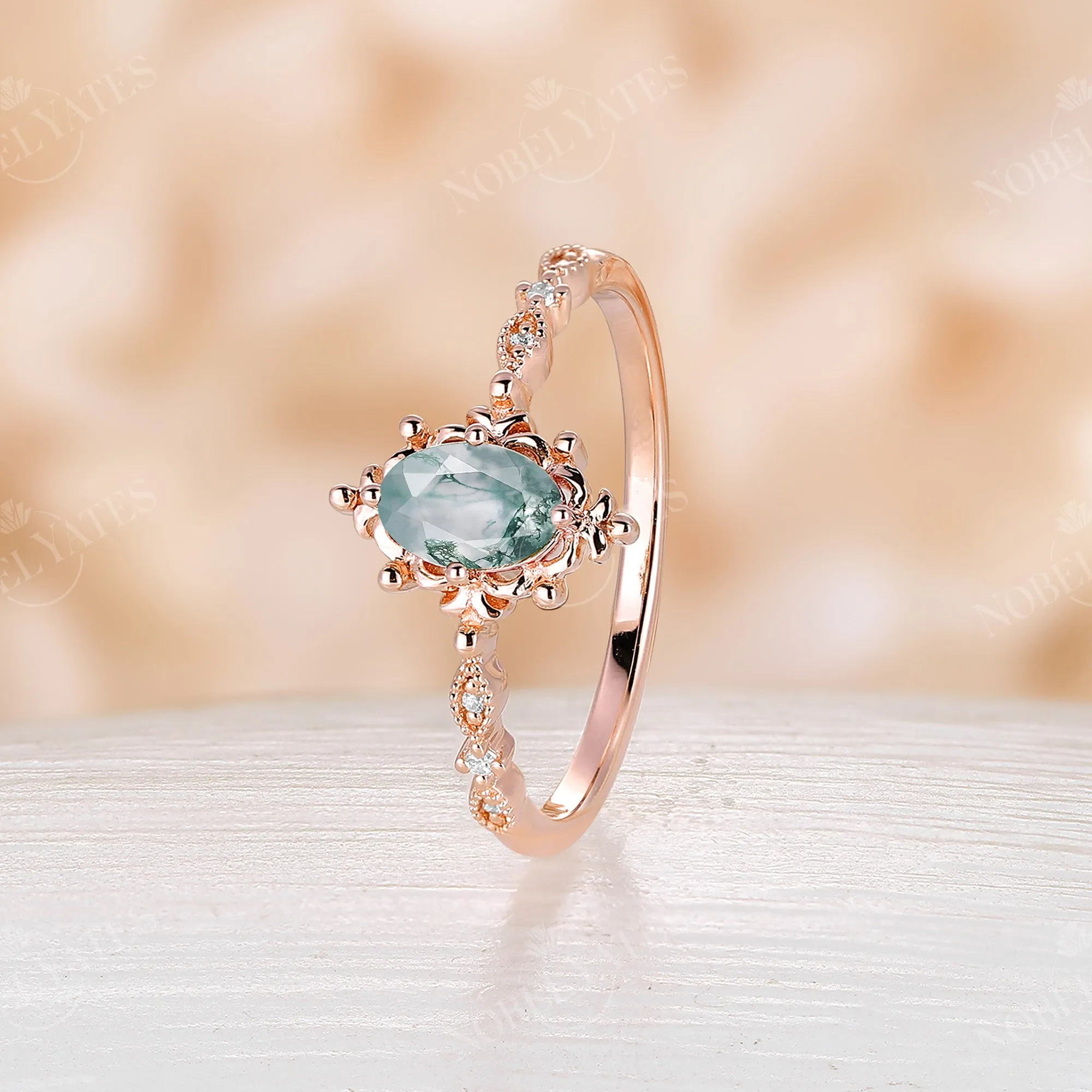 Oval Moss Agate Rose Gold Vintage Filigree Engagement Ring