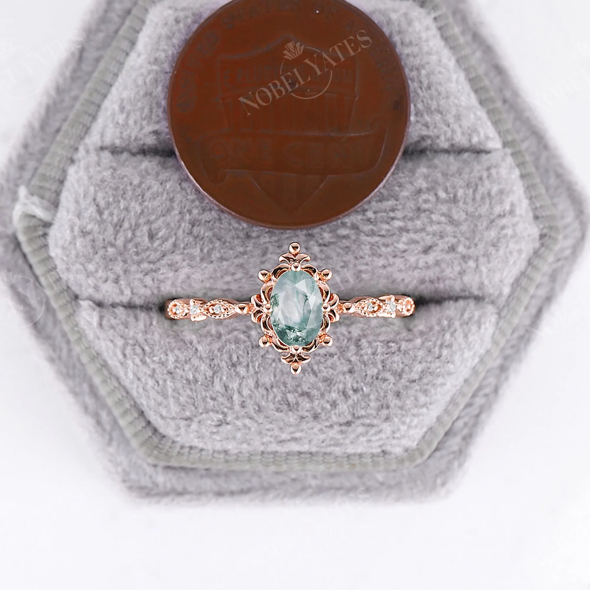 Oval Moss Agate Rose Gold Vintage Filigree Engagement Ring