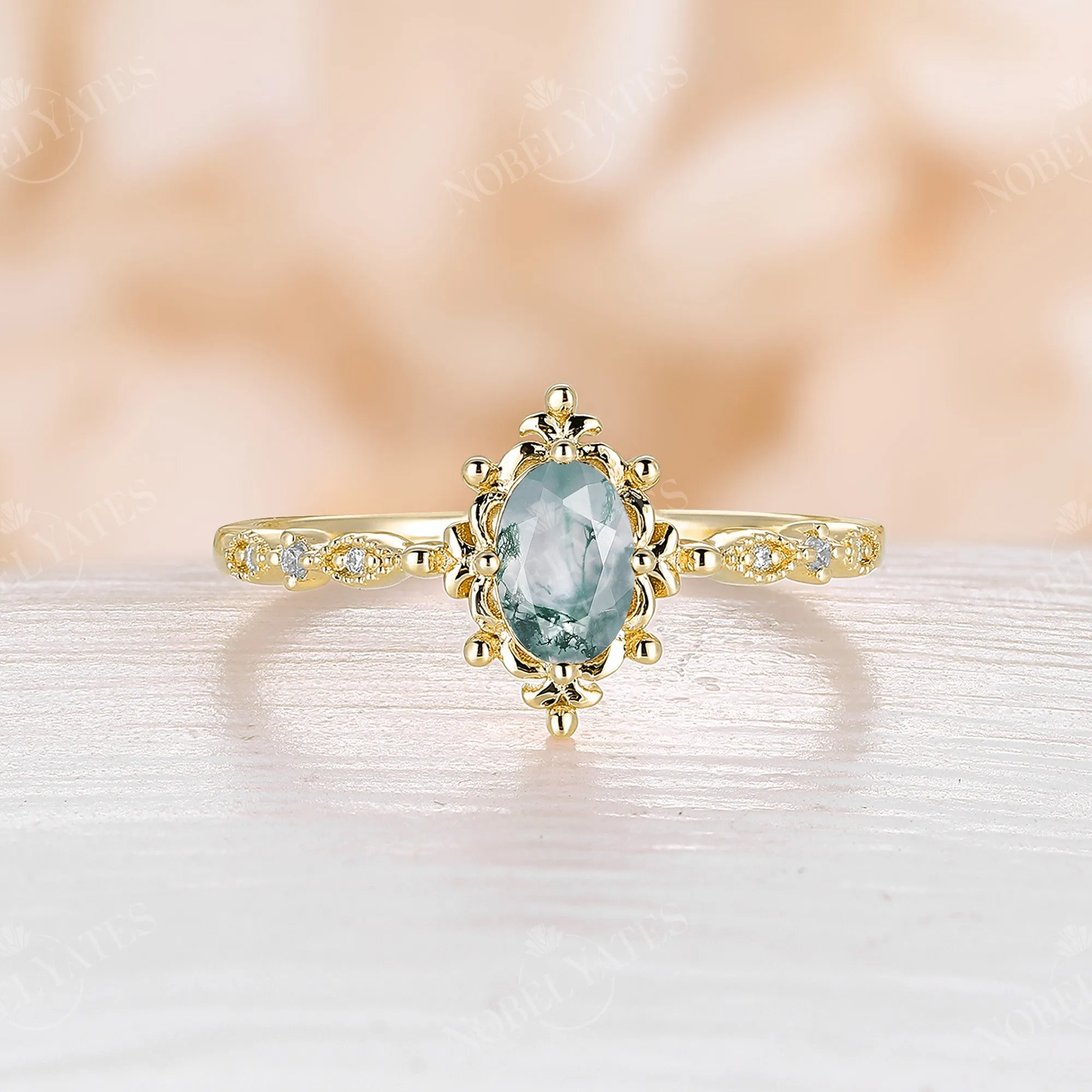 Oval Moss Agate Rose Gold Vintage Filigree Engagement Ring