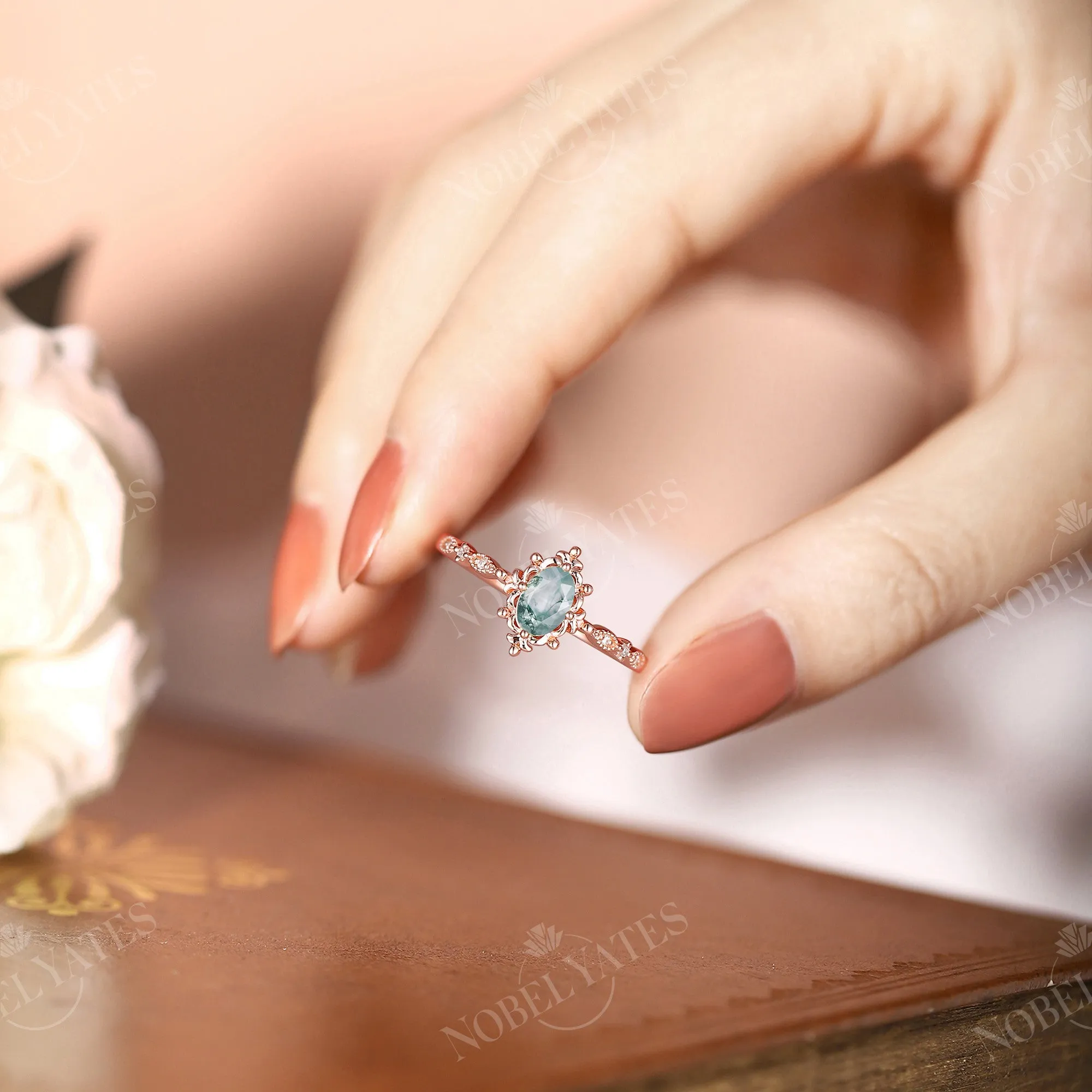 Oval Moss Agate Rose Gold Vintage Filigree Engagement Ring