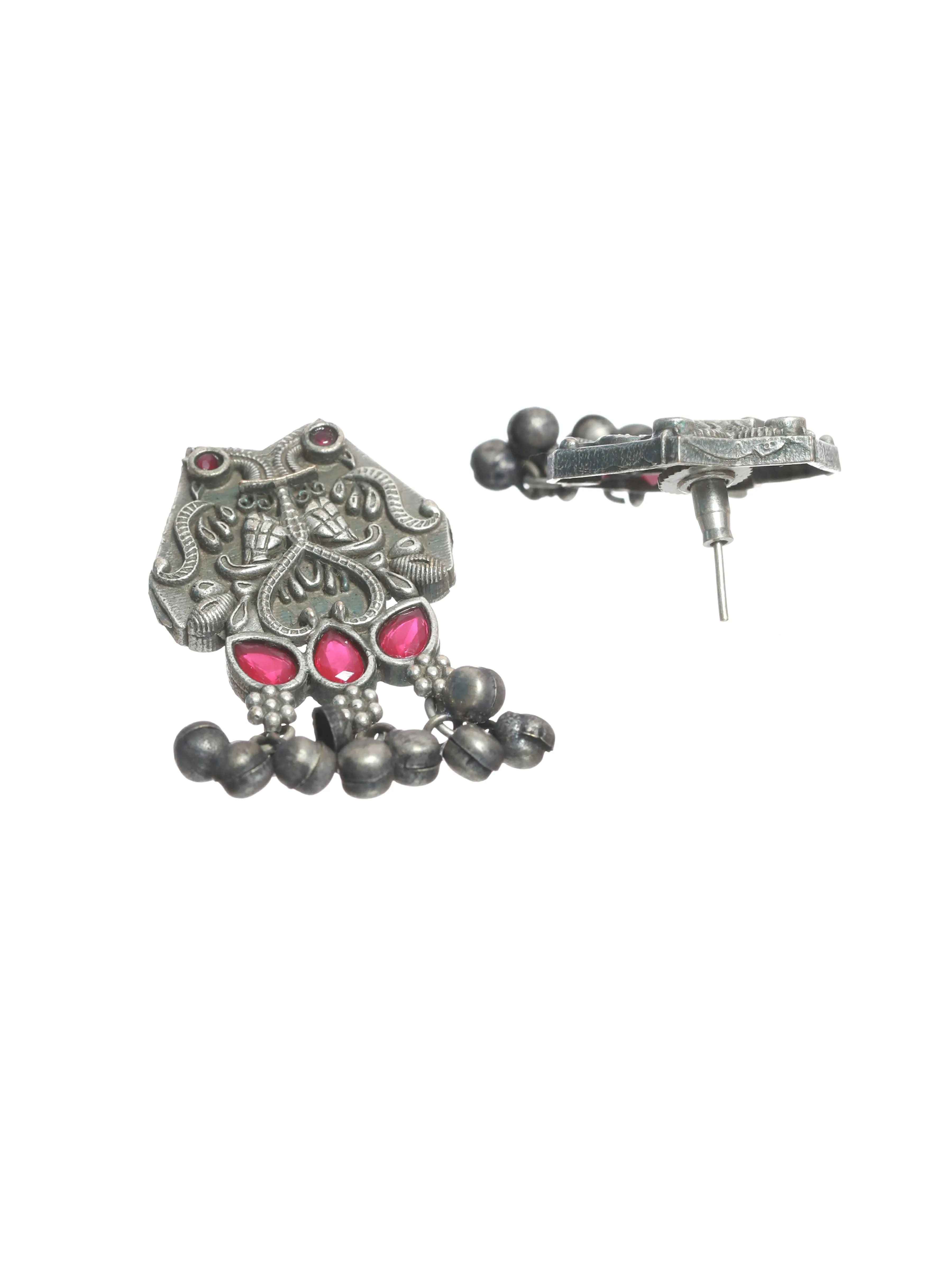 Oxidised Silver Toned ,Red Stone Studded Contemporary Owl Shaped Drop Earrings