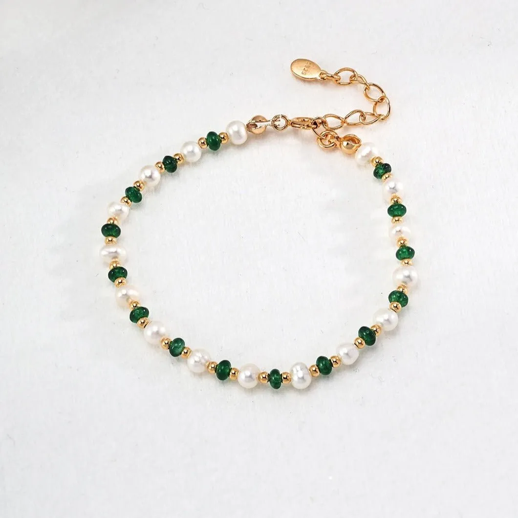 Pearl and Green Gemstone Beaded Bracelet