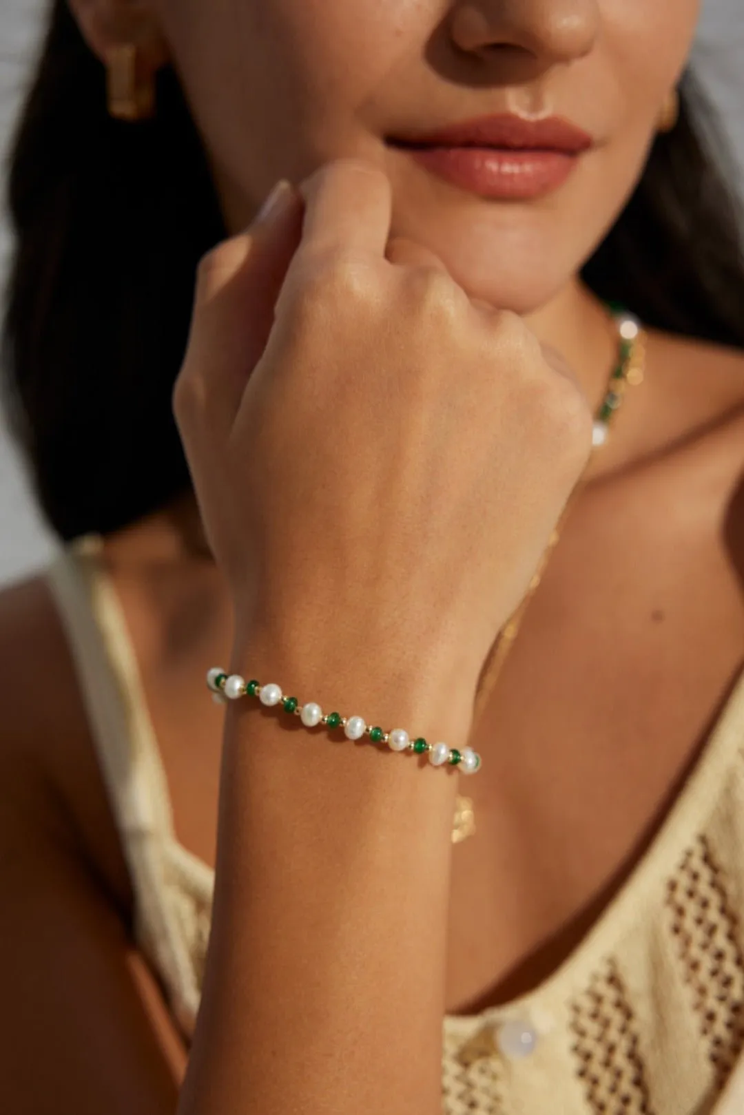 Pearl and Green Gemstone Beaded Bracelet