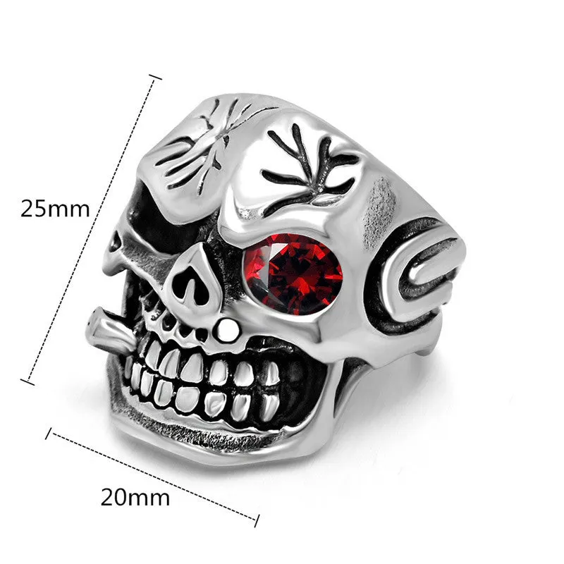 Personality Men's Retro Skull Ring Biker Jewelry Titanium Steel Rings With Red Zircon Eye Bijoux European Style