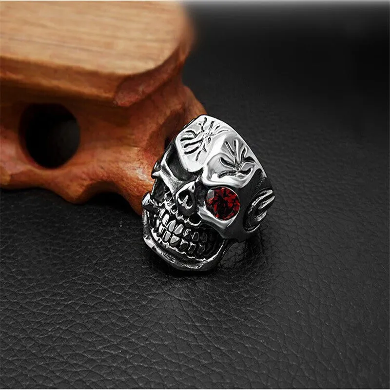 Personality Men's Retro Skull Ring Biker Jewelry Titanium Steel Rings With Red Zircon Eye Bijoux European Style