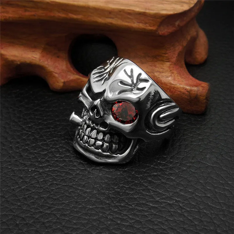 Personality Men's Retro Skull Ring Biker Jewelry Titanium Steel Rings With Red Zircon Eye Bijoux European Style