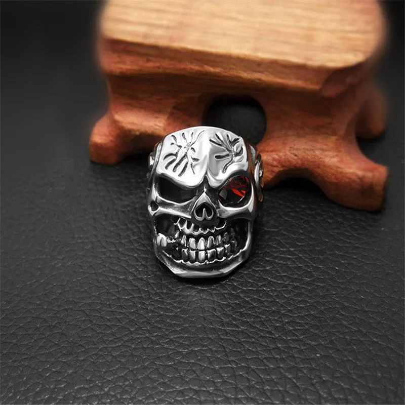 Personality Men's Retro Skull Ring Biker Jewelry Titanium Steel Rings With Red Zircon Eye Bijoux European Style