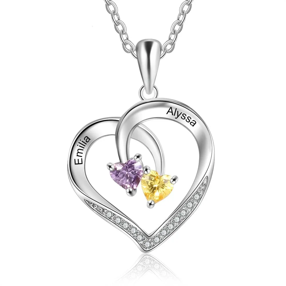 Personalized Heart Necklace with 2 Birthstones Engraved Name Couple Necklace