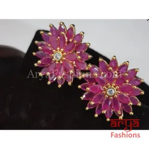 Pink Ruby Golden Flower CZ Studs